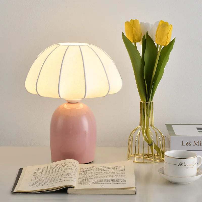 Retro Pink Ceramic Table Lamp with Fabric Shade
