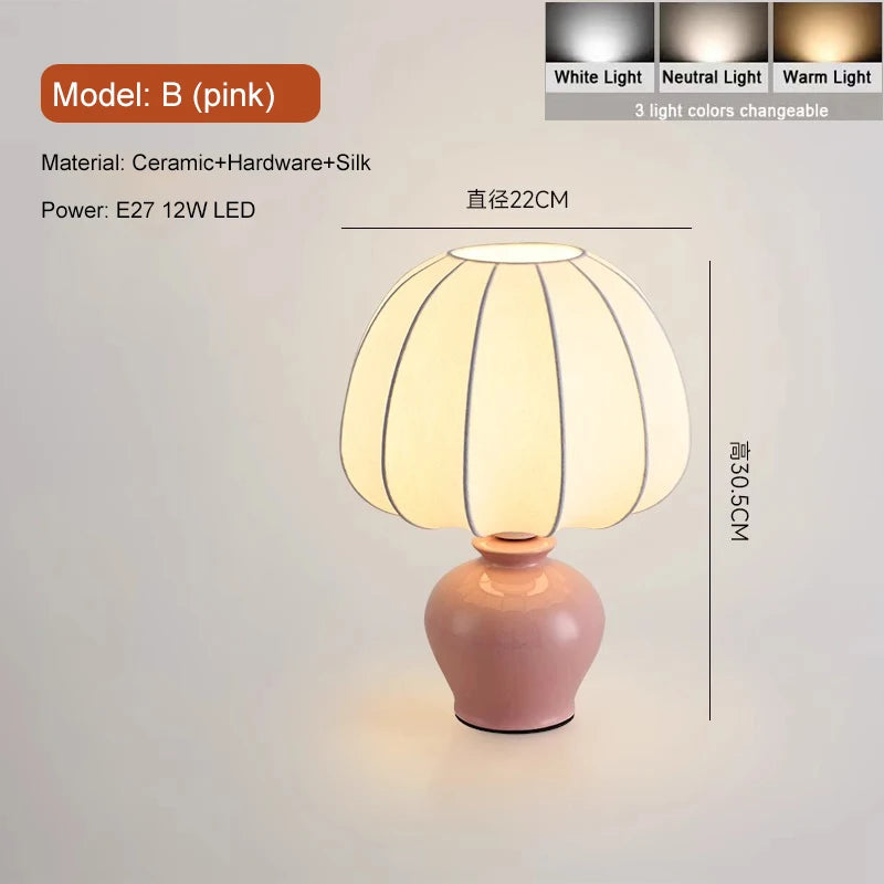 Retro Pink Ceramic Table Lamp with Fabric Shade